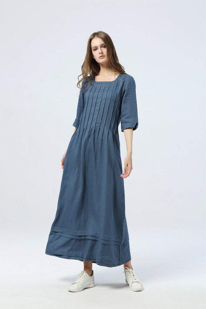 blue pleated dress, long linen dress with pockets, loose&casual dress - women dress - elbow sleeve dress, custom dress for women  C1283