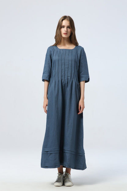 blue pleated dress, long linen dress with pockets, loose&casual dress - women dress - elbow sleeve dress, custom dress for women  C1283