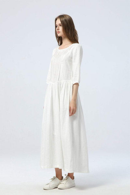 long white dress, summer linen dress for womens - loose & casual dress, elbow sleeve dress with pleats, fashion oversized long dress C1285