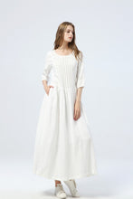 Load image into Gallery viewer, long white dress, summer linen dress for womens - loose &amp; casual dress, elbow sleeve dress with pleats, fashion oversized long dress C1285
