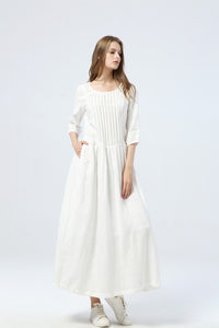 long white dress, summer linen dress for womens - loose & casual dress, elbow sleeve dress with pleats, fashion oversized long dress C1285