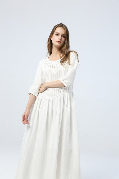 long white dress, summer linen dress for womens - loose & casual dress, elbow sleeve dress with pleats, fashion oversized long dress C1285