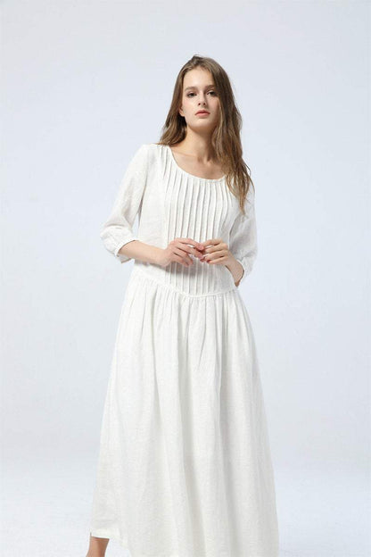 long white dress, summer linen dress for womens - loose & casual dress, elbow sleeve dress with pleats, fashion oversized long dress C1285