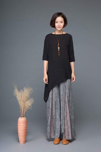 Tops, Black top, linen shirt, blouses woman, shirt dress, irregular shirt, long shirt, womens shirts, side split top, tops for women C1150