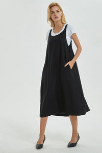 black pinafore dress, linen dress, loose and casual dress for womens- plus size &  sleeveless dress with pockets, cuatom fashion dress C1287