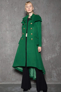 Green Long Coat, Emerald Capelet Coat, Designer Tailored Handmade Double-Breasted Asymmetrical Unique Woman's Coat, Winter Coat C714