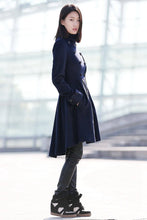 Load image into Gallery viewer, Blue coat, winter coat, wool coat, womens coat, midi wool coat, navy blue coat, coat, warm winter coat, Asymmetrical coat, warm coat C164
