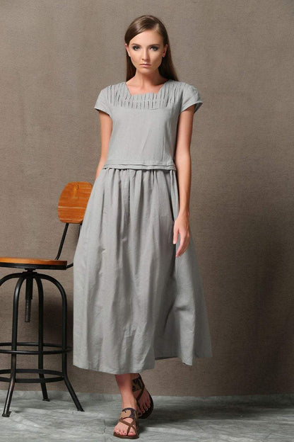 Gray Linen Dress, linen dress, long linen dress, woman dress, Short Sleeved dress, Loose linen dress, linen summer dress, casual dress C543