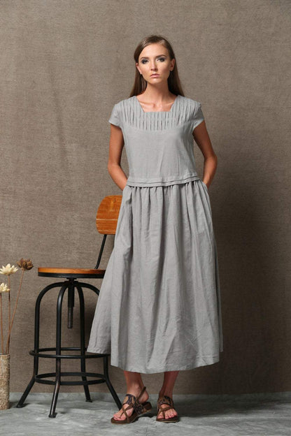 Gray Linen Dress, linen dress, long linen dress, woman dress, Short Sleeved dress, Loose linen dress, linen summer dress, casual dress C543