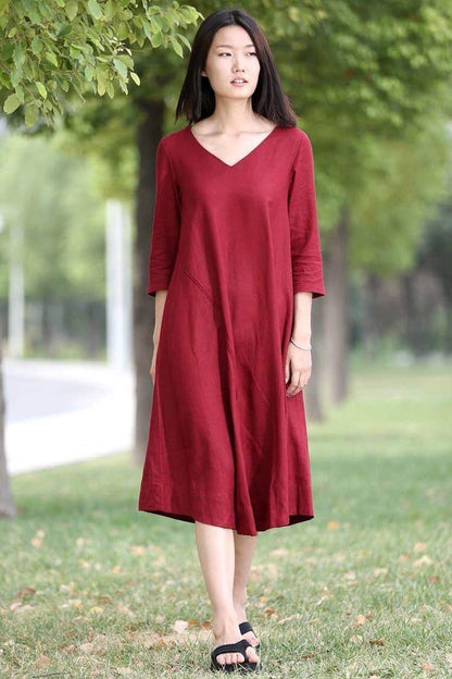 Red Linen Dress - Midi Length Loose-Fitting Plus Size V-Neck Casual Everyday Comfortable Womens Clothing C264