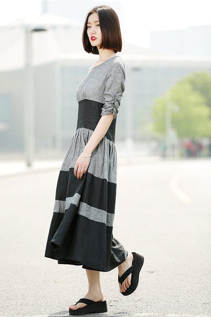 Gray Linen Dress - Black Grey Stripey Fit & Flare Elegant Dress with Round Neck and Ruched Sleeves (C350)