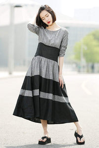 Gray Linen Dress - Black Grey Stripey Fit & Flare Elegant Dress with Round Neck and Ruched Sleeves (C350)