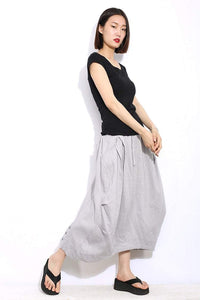 Modern Linen Skirt - Gray Handmade Designer Contemporary Everyday Casual Woman's Skirt with Drawstring Waist Plus Size (C326)