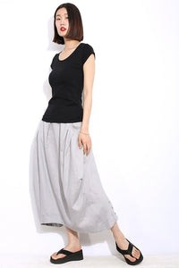 Modern Linen Skirt - Gray Handmade Designer Contemporary Everyday Casual Woman's Skirt with Drawstring Waist Plus Size (C326)