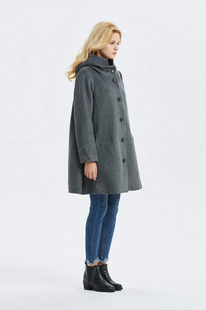 Loose fitting hooded wool coat C1317