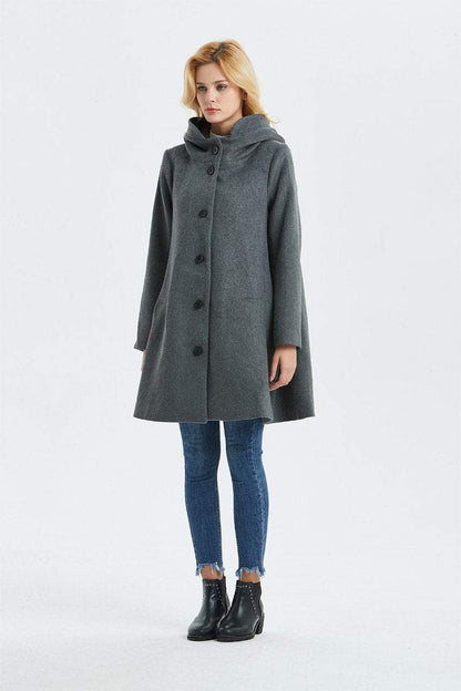 Loose fitting hooded wool coat C1317