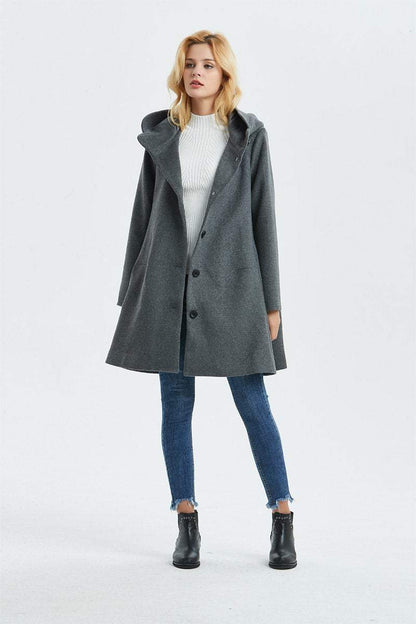 Loose fitting hooded wool coat C1317