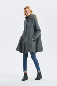 Gray wool coat, Hooded coat, Midi coat, warm coat, winter coat, womens coat, Loose coat, classic coat, button coat, custom coat C1317