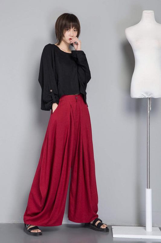 Red linen pants, long linen pants with pockets, handmade fashion wide leg pants, loose and casual pants for elegant women C1261