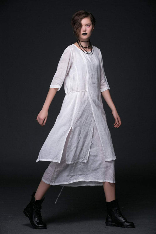 Lagenlook Linen Dress - White Cool Summer Sheer Handmade Layered Dress with Tie Waist Suitable for Plus Size Women C399