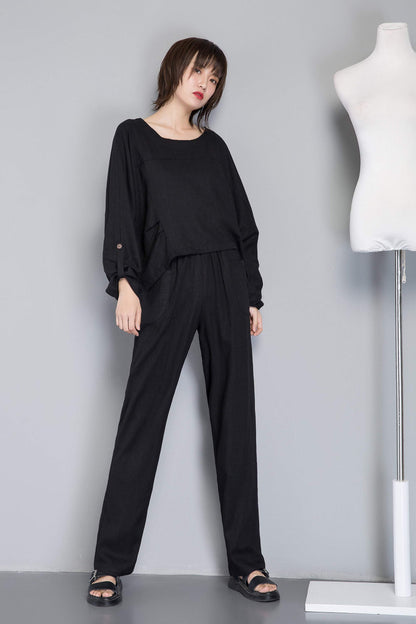 black long linen pants with pocket C1263