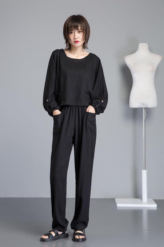 black long linen pants with pocket C1263