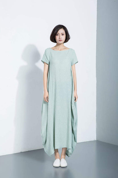 Long cotton dress, short sleeve dress, loose-fitting dress, asymmetrical designer dress, dress with pockets, casual dress C1114