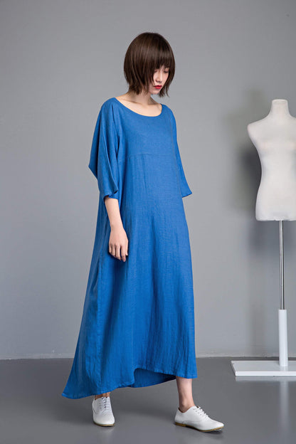 Blue linen dress, Plus size linen dress, linen dress, long sleeve dress, long linen dress, loose linen dress, summer linen dress  C1236