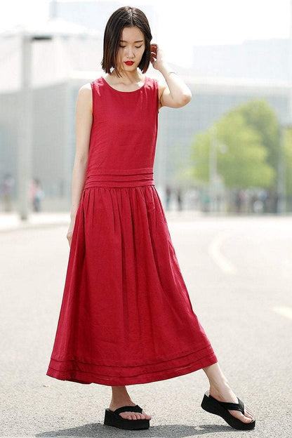 Maxi Red Dress - Linen Sleeveless Cool Comfortable Casual Loose-Fitting Summer Women's Dress with Pintuck Details and Pockets C349