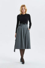 Load image into Gallery viewer, Gray wool skirt, midi length pleated skirt with pockets &amp; warm wool skirt for elegant womens, winter high waisted skirt with belt C1289
