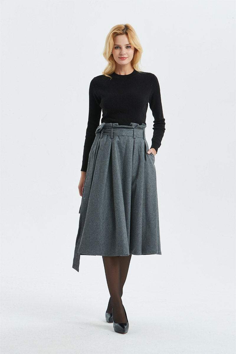 Gray wool skirt, midi length pleated skirt with pockets & warm wool skirt for elegant womens, winter high waisted skirt with belt C1289