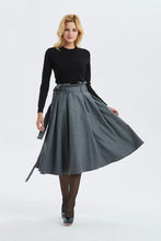 Load image into Gallery viewer, Gray wool skirt, midi length pleated skirt with pockets &amp; warm wool skirt for elegant womens, winter high waisted skirt with belt C1289
