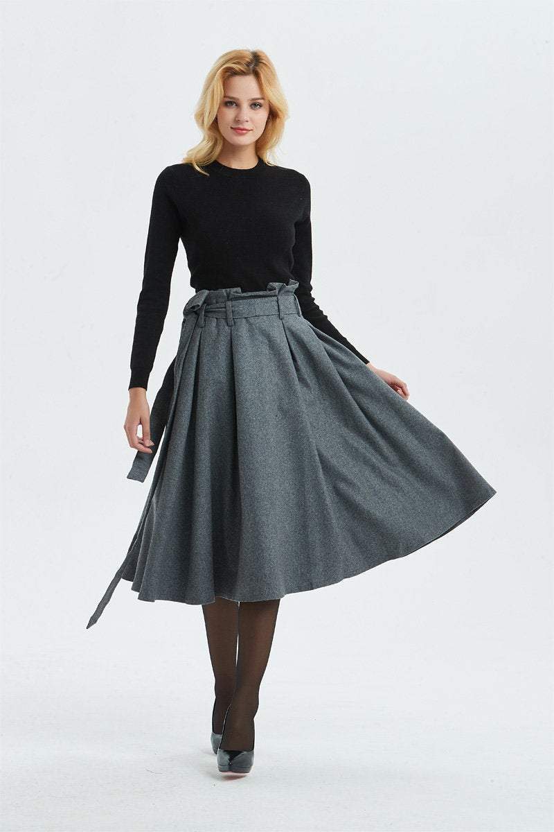Gray midi length pleated wool skirt with pockets C1289 XS#yy04262