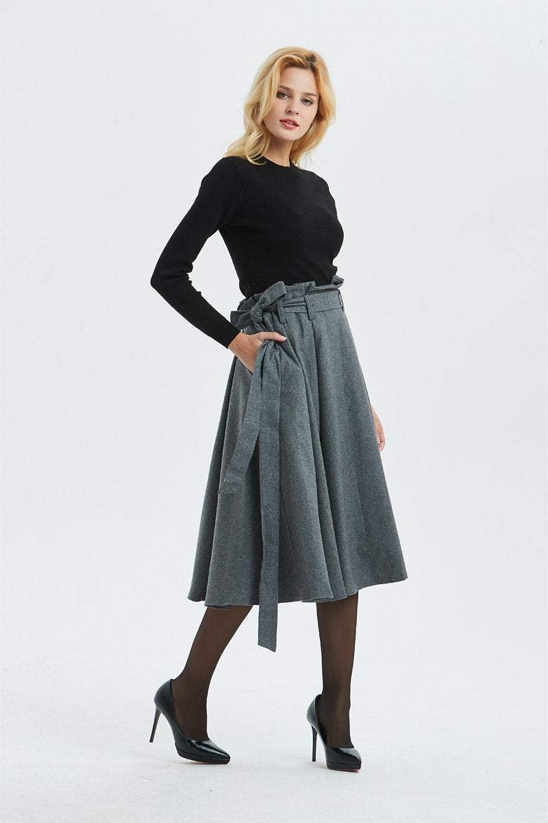 Gray midi length pleated wool skirt with pockets C1289 XS#yy04262
