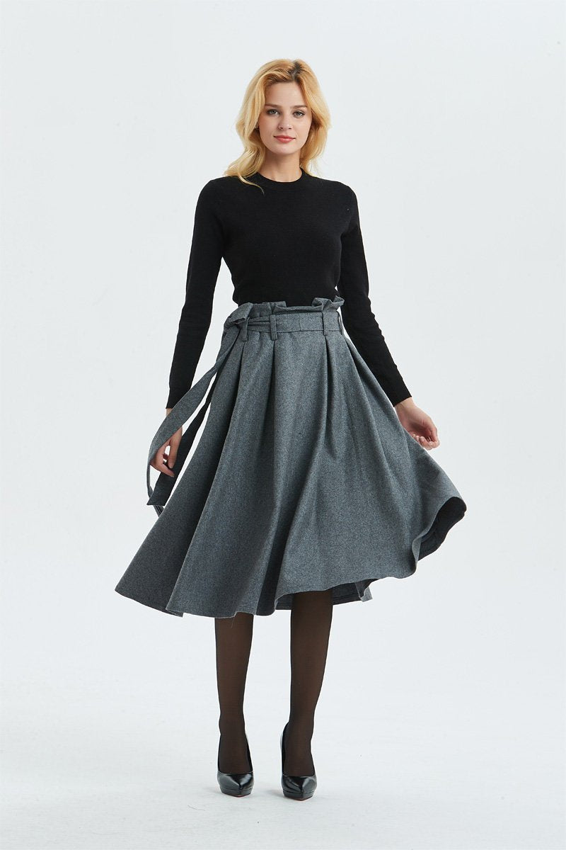 Gray midi length pleated wool skirt with pockets C1289 XS#yy04262