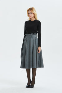 Gray wool skirt, midi length pleated skirt with pockets & warm wool skirt for elegant womens, winter high waisted skirt with belt C1289
