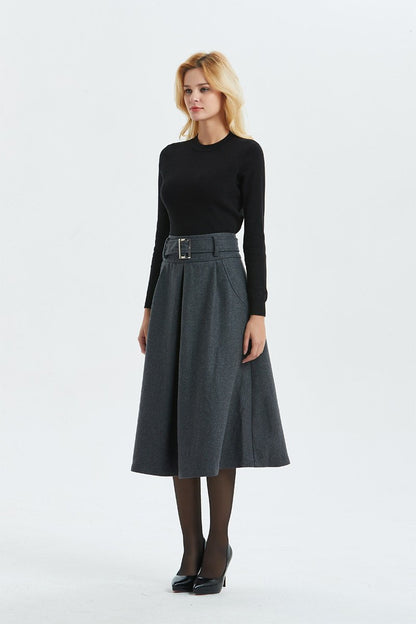 Gray skirt, Winter warm wool skirt - womens skirts with belt, midi skirt & pleated skirt, Gray wool skirt - skirt with pockets C1291