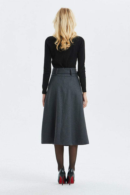 Gray skirt, Winter warm wool skirt - womens skirts with belt, midi skirt & pleated skirt, Gray wool skirt - skirt with pockets C1291