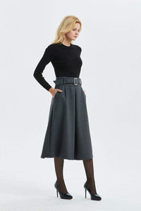 Gray skirt, Winter warm wool skirt - womens skirts with belt, midi skirt & pleated skirt, Gray wool skirt - skirt with pockets C1291