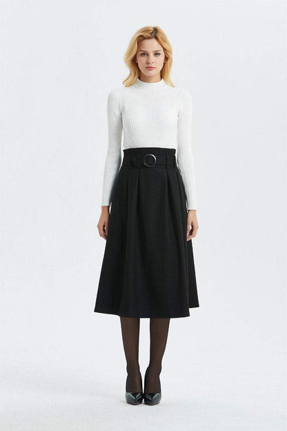 black wool skirt, high waist & midi skirt, pretty womens skirt - winter skirt with pockets, pleated skirt with belt - A line skirt  C1297