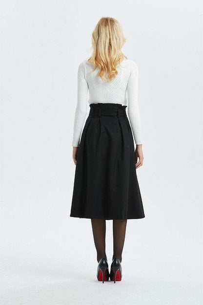black wool skirt, high waist & midi skirt, pretty womens skirt - winter skirt with pockets, pleated skirt with belt - A line skirt  C1297