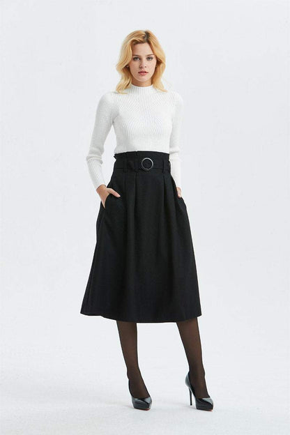 black wool skirt, high waist & midi skirt, pretty womens skirt - winter skirt with pockets, pleated skirt with belt - A line skirt  C1297