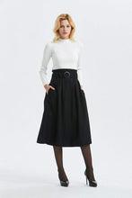 Load image into Gallery viewer, black wool skirt, high waist &amp; midi skirt, pretty womens skirt - winter skirt with pockets, pleated skirt with belt - A line skirt  C1297
