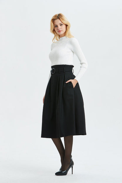 black wool skirt, high waist & midi skirt, pretty womens skirt - winter skirt with pockets, pleated skirt with belt - A line skirt  C1297