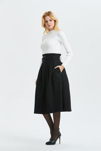 black wool skirt, high waist & midi skirt, pretty womens skirt - winter skirt with pockets, pleated skirt with belt - A line skirt  C1297