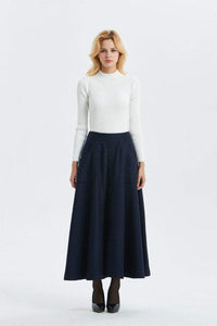 Elegant Navy A-Line wool maxi Skirt C1295