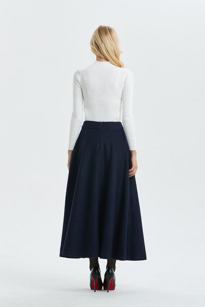 Elegant Navy A-Line wool maxi Skirt C1295
