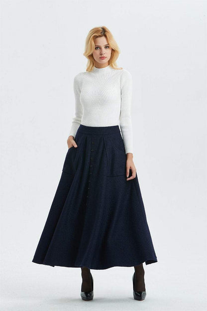 Elegant Navy A-Line wool maxi Skirt C1295