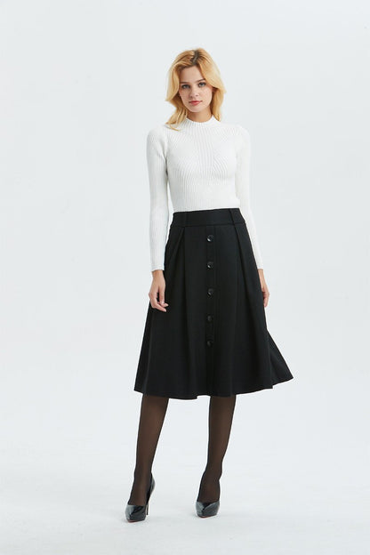 black pleated skirt ,A line skirt-black wool skirt, classic winter skirt-midi length skirt for elegant womens, vintage plus size skirt C1294