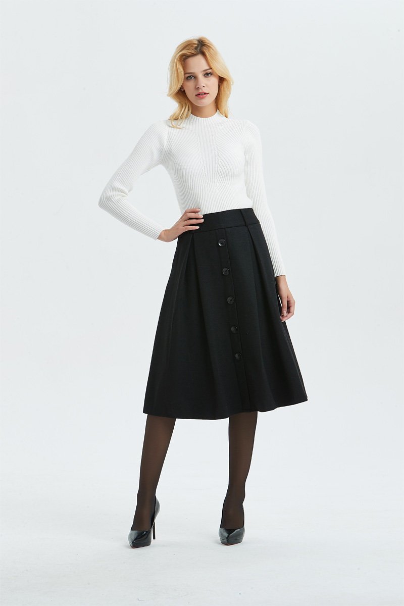 black pleated skirt ,A line skirt-black wool skirt, classic winter skirt-midi length skirt for elegant womens, vintage plus size skirt C1294